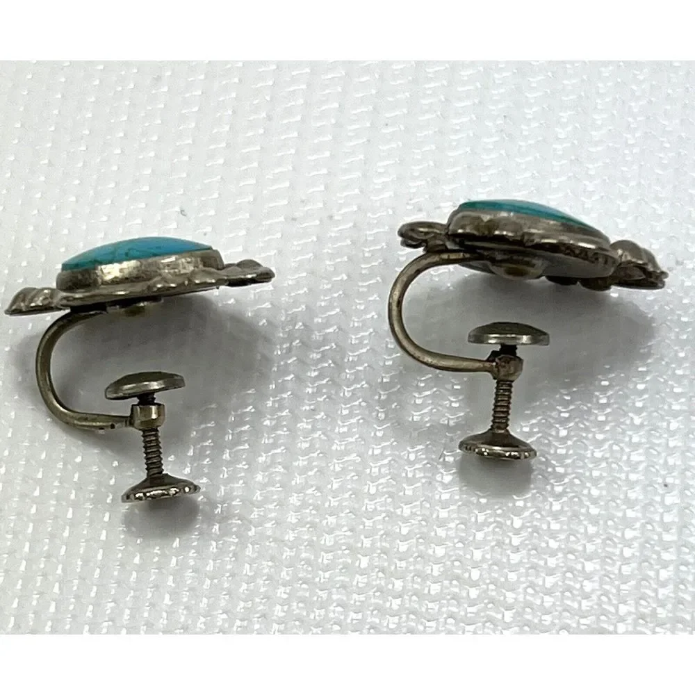 Vintage Silver Toned Turquoise Twist Back Earrings About‎ an Inch Long